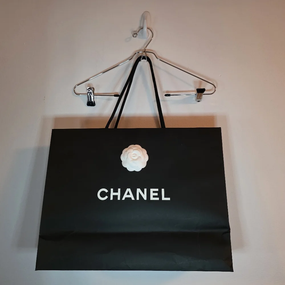 Chanel Black Shopping Bag with White Camellia Logo – Large 18